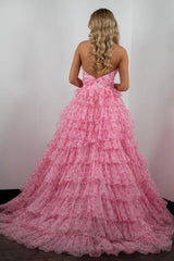 Princess A Line Halter Neck Pink Printed Tulle Long Prom Dress With Ruffles Formal Evening Gown