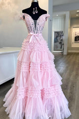 Princess A Line Off the Shoulder Light Pink Prom Dress Long Evening Dress with Ruffles