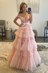 Princess A Line Off the Shoulder Light Pink Prom Dress Long Evening Dress with Ruffles