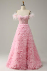 Princess A Line Off the Shoulder Pink Prom Dress Long Evening Dress with Feather