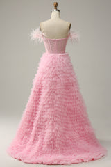 Princess A Line Off the Shoulder Pink Prom Dress Long Evening Dress with Feather