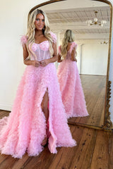Princess A Line Off the Shoulder Pink Prom Dress Long Evening Dress with Feather