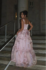Princess A Line Spaghetti Straps Pink Long Prom Dress With Lace Ruffles Formal Evening Gown