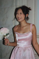 Princess A Line Spaghetti Straps Pink Long Prom Dress With Lace Ruffles Formal Evening Gown