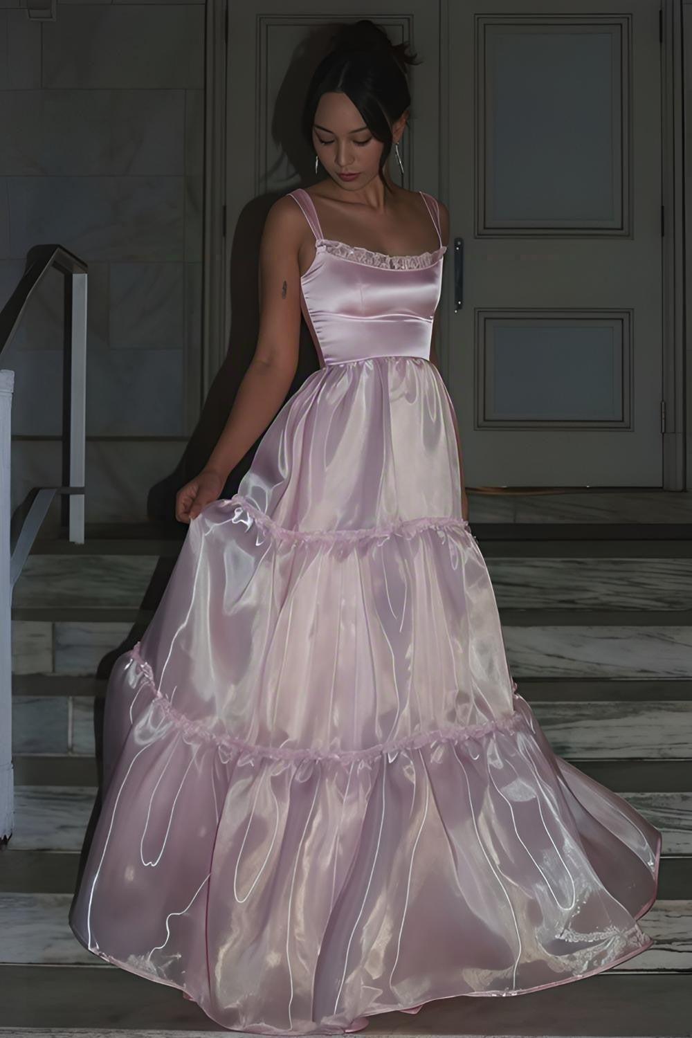 Princess A Line Spaghetti Straps Pink Long Prom Dress With Lace Ruffles Formal Evening Gown