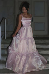 Princess A Line Spaghetti Straps Pink Long Prom Dress With Lace Ruffles Formal Evening Gown