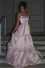 Princess A Line Spaghetti Straps Pink Long Prom Dress With Lace Ruffles Formal Evening Gown