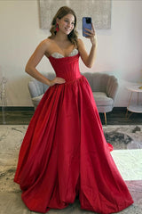 Princess A Line Sweetheart Red Corset Prom Dress With Beading Formal Evening Gown