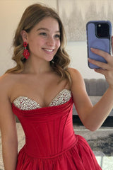 Princess A Line Sweetheart Red Corset Prom Dress With Beading Formal Evening Gown