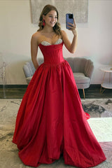 Princess A Line Sweetheart Red Corset Prom Dress With Beading Formal Evening Gown