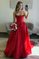 Princess A Line Sweetheart Red Corset Prom Dress With Beading Formal Evening Gown