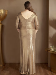 A Line V Neck Long Plus Size Mother of the Bride Dress with 3/4 Sleeves and Ruffles