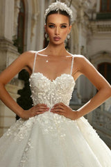 Princess Wedding Dress A Line Ivory Spaghetti Straps Tulle Lace Bridal Gown With Glitter