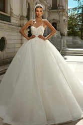 Princess Wedding Dress A Line Ivory Spaghetti Straps Tulle Lace Bridal Gown With Glitter