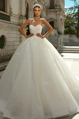 Princess Wedding Dress A Line Ivory Spaghetti Straps Tulle Lace Bridal Gown With Glitter