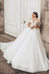 Princess White Wedding Dress Off The Shoulder A Line V Neck Organza Satin Bridal Gown