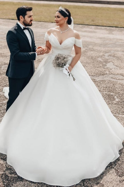 Princess White Wedding Dress Off The Shoulder A Line V Neck Organza Satin Bridal Gown