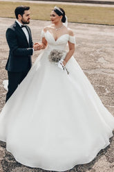 Princess White Wedding Dress Off The Shoulder A Line V Neck Organza Satin Bridal Gown