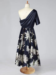 Printed Flower Plus Size Mother of the Bride A Line One Shoulder Dress