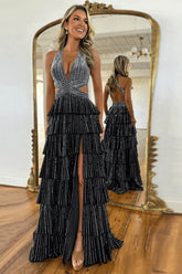 Dreamyannie A-Line Black Prom Dress Tiered Halter Long Formal Dress With Slit