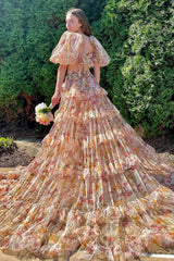 Puff Sleeves Prom Dress Printed Blush Long Evening Dress with Slit