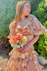 Puff Sleeves Prom Dress Printed Blush Long Evening Dress with Slit