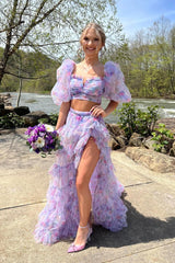 Puff Sleeves Prom Dress Printed Blush Long Evening Dress with Slit