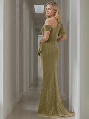 Pure Color Off the Shoulder Mermaid Trumpet Long Mother of the Bride Dresses With Short Sleeves