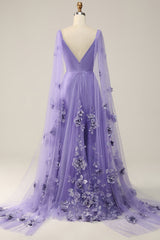 Purple A Line Long Prom Dress with 3D Flowers