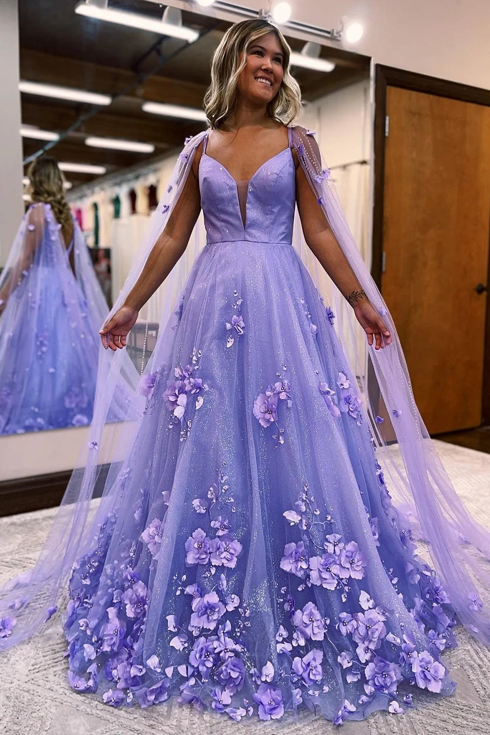 Purple A Line Long Prom Dress with 3D Flowers