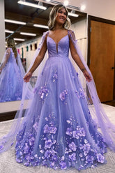 Purple A Line Long Prom Dress with 3D Flowers