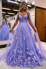 Purple A Line Long Prom Dress with 3D Flowers