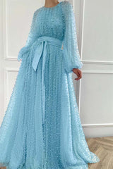 Purple A Line Prom Dress Long Sleeve Beaded Formal Dress
