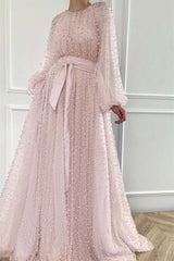 Purple A Line Prom Dress Long Sleeve Beaded Formal Dress