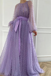 Purple A Line Prom Dress Long Sleeve Beaded Formal Dress