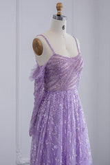 Purple A Line Prom Dress Long Sleeve Spaghetti Straps Sequined Formal Dress