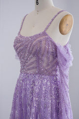 Purple A Line Prom Dress Long Sleeve Spaghetti Straps Sequined Formal Dress