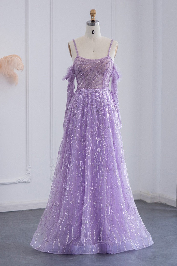 Purple A Line Prom Dress Long Sleeve Spaghetti Straps Sequined Formal Dress