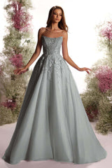 Purple A Line Prom Dress Sleeveless Strapless Formal Dress With Lace Appliques