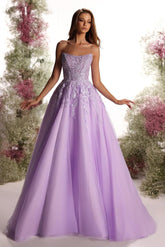 Purple A Line Prom Dress Sleeveless Strapless Formal Dress With Lace Appliques