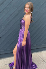 Purple Backless Prom Dress Long A Line Evening Dress With Slit