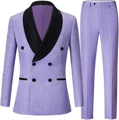 Purple Double Breasted Jacquard Wedding Suit with Black Velvet Shawl Lapel