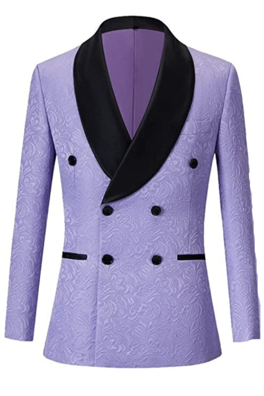 Purple Double Breasted Jacquard Wedding Suit with Black Velvet Shawl Lapel