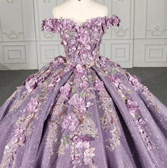 Purple Floral A Line Quinceanera Dress Sequined Party Ball Gown Sweet 16 Dress