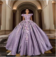 Purple Floral A Line Quinceanera Dress Sequined Party Ball Gown Sweet 16 Dress
