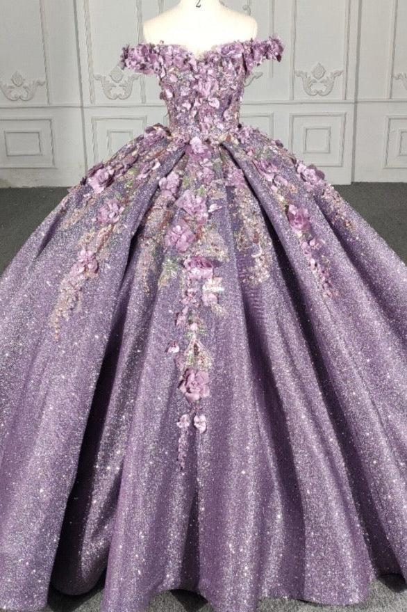 Purple Floral A Line Quinceanera Dress Sequined Party Ball Gown Sweet 16 Dress