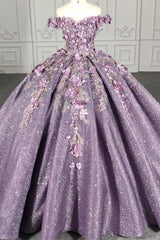 Purple Floral A Line Quinceanera Dress Sequined Party Ball Gown Sweet 16 Dress