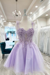 Purple Homecoming Dress Corset A-Line Tulle Short Flower Prom Dress with Lace