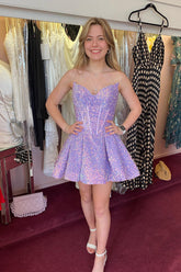 Purple Homecoming Dress Corset Sequined A-Line Short Cocktail Dresses