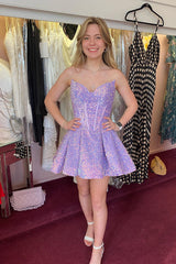 Purple Homecoming Dress Corset Sequined A-Line Short Prom Dress